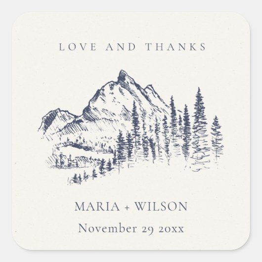 ネイビー素朴パインウッズマウンテンスケッチ結婚ズ スクエアシール (正面)