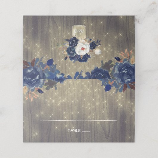 ネイビー素朴フラワーズウッド結婚メイソン プレイスカード (外部開封)