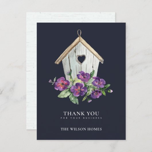 ネイビー素朴フローラバードハウス不動産仲介業者ありがとう 案内ポストカード (正面/裏面)