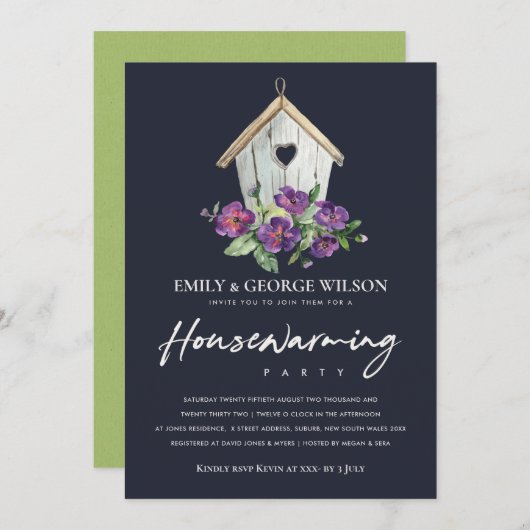 ネイビー素朴フローラバードハウス引っ越し祝いパーティーパーティー 招待状 (正面/裏面)