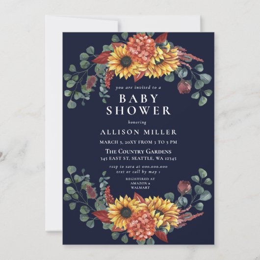 ネイビー素朴ブルゴーニュひまわり赤ちゃんシャワー 招待状 (正面)