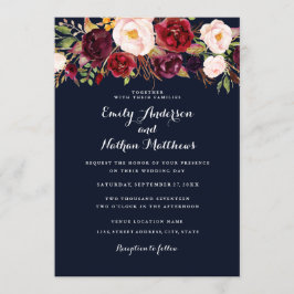 ネイビー素朴ブルゴーニュフローラ結婚式招待状 招待状