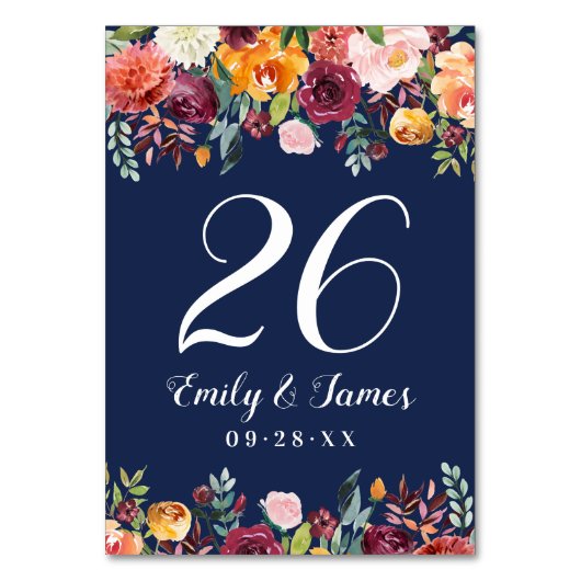 ネイビー素朴ブルゴーニュ秋フローラ結婚ズモノグラム テーブルナンバー (正面)