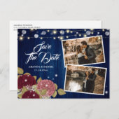 ネイビー素朴ブルゴーニュ赤面2 Photo Save The Date 案内ポストカード (正面/裏面)