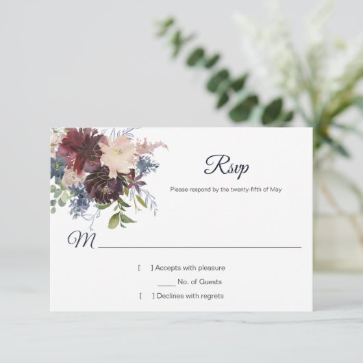 ネイビー素朴ブルゴーニュ金ゴールドウォーター色フローラRSVP 出欠カード (スタンド正面)