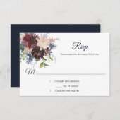 ネイビー素朴ブルゴーニュ金ゴールドウォーター色フローラRSVP 出欠カード (正面/裏面)