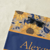 ネイビー素朴ブルゴールデンイエローヒマワリ名 ビーチタオル (インサイチュ)