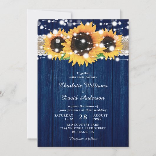 ネイビー素朴ブルーとヒマワリの結婚式招待状 招待状 (正面)