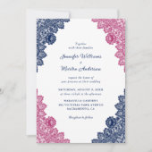 ネイビー素朴ブルーとピンクのフローラレース結婚ズ 招待状 (正面)