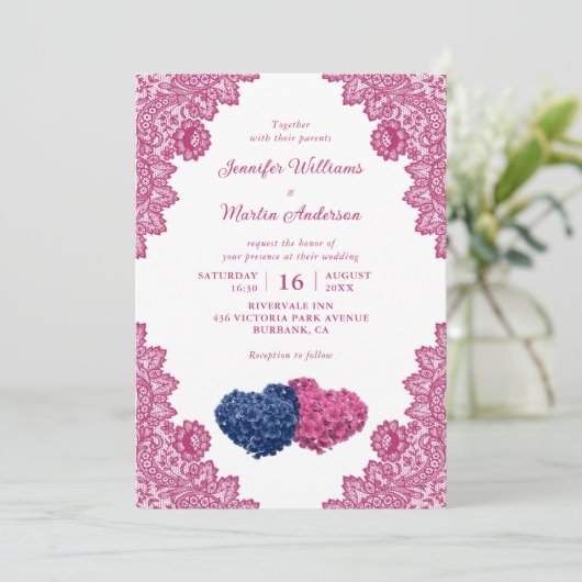 ネイビー素朴ブルーとピンクレース結婚ズ 招待状 (スタンド正面)