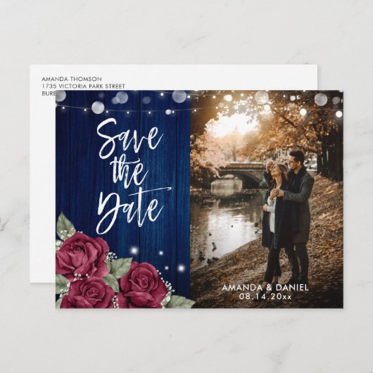 ネイビー素朴ブルーとブルゴーニュのフローラの結婚写真 案内ポストカード (正面/裏面)