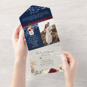 ネイビー素朴ブルーとブルゴーニュのフローラ結婚ズ オールインワン招待状 (貼ってはがせる)