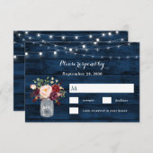 ネイビー素朴ブルーとブルゴーニュ赤面フローラ結婚ズ 出欠カード (正面/裏面)
