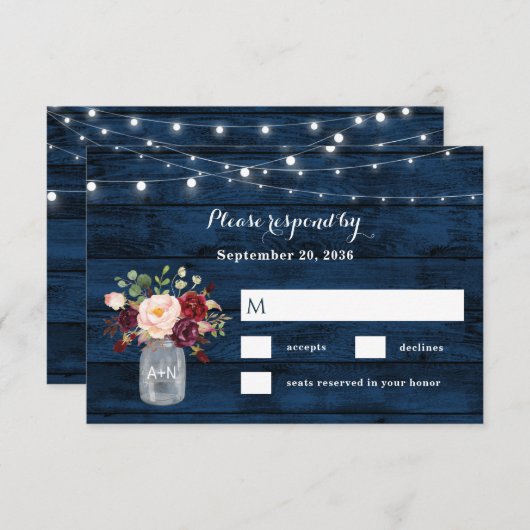 ネイビー素朴ブルーとブルゴーニュ赤面フローラ結婚ズ 出欠カード (正面/裏面)