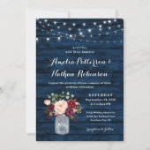 ネイビー素朴ブルーとブルゴーニュ赤面フローラ結婚ズ 招待状 (正面)