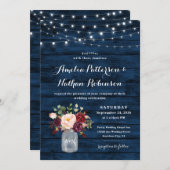ネイビー素朴ブルーとブルゴーニュ赤面フローラ結婚ズ 招待状 (正面/裏面)