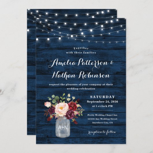 ネイビー素朴ブルーとブルゴーニュ赤面フローラ結婚ズ 招待状 (正面/裏面)