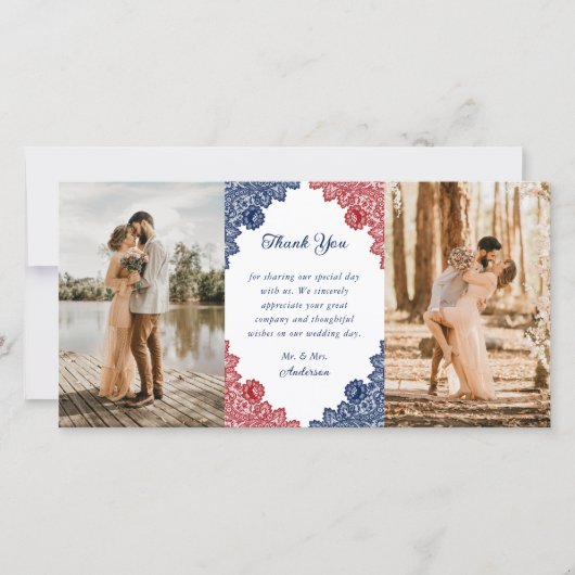 ネイビー素朴ブルーとレッドフローラの結婚写真 サンキューカード (正面)