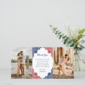 ネイビー素朴ブルーとレッドフローラの結婚写真 サンキューカード (スタンド正面)