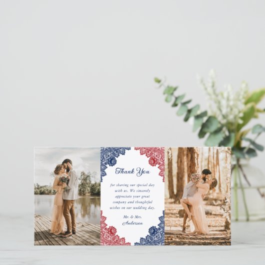 ネイビー素朴ブルーとレッドフローラの結婚写真 サンキューカード (スタンド正面)