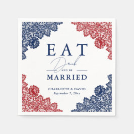 ネイビー素朴ブルーとレッドフローラレース結婚ズ スタンダードカクテルナプキン