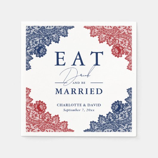 ネイビー素朴ブルーとレッドフローラレース結婚ズ スタンダードカクテルナプキン (正面)