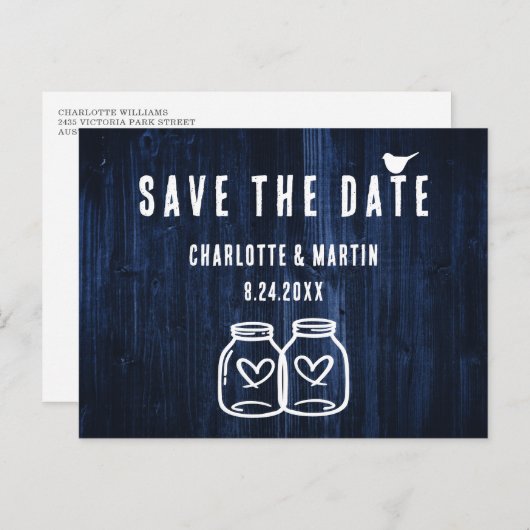 ネイビー素朴ブルーウッドウェディングデートを保存 案内ポストカード (正面/裏面)