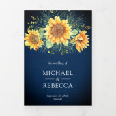 ネイビー素朴ブルーウッドサンフラワーフォトズ結婚ズ 三つ折り招待状 (カバー)