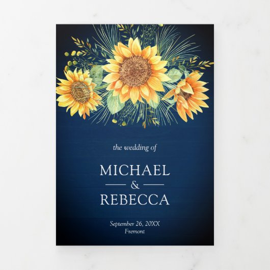 ネイビー素朴ブルーウッドサンフラワーフォトズ結婚ズ 三つ折り招待状 (カバー)