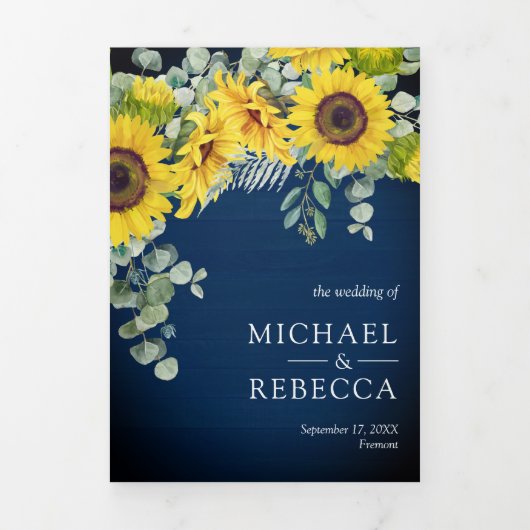 ネイビー素朴ブルーウッドサンフラワーユーカリ結婚ス 三つ折り招待状 (カバー)