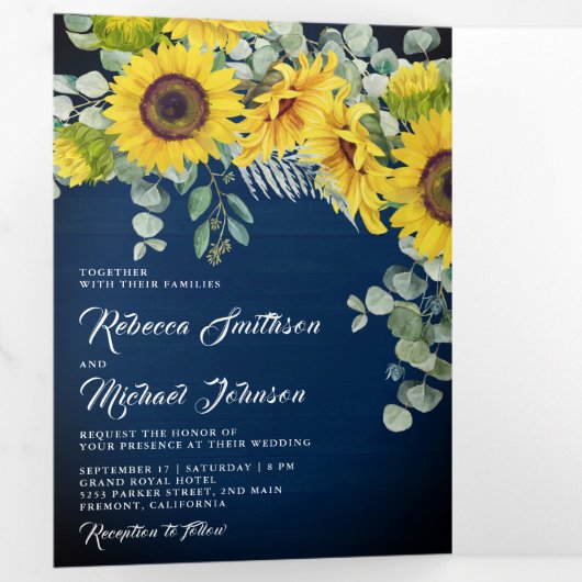 ネイビー素朴ブルーウッドサンフラワーユーカリ結婚ス 三つ折り招待状 (内部最初)