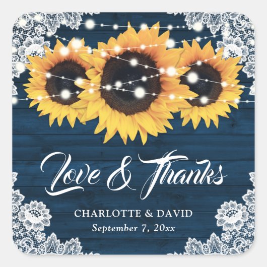 ネイビー素朴ブルーウッドサンフラワー結婚ズありがとう スクエアシール (正面)