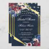 ネイビー素朴ブルーウッドストリングライトブライダルシャワー 招待状 (正面/裏面)