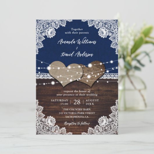 ネイビー素朴ブルーウッドバーラップレース結婚ズ 招待状 (スタンド正面)