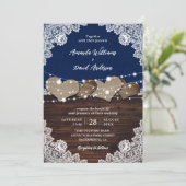 ネイビー素朴ブルーウッドバーラップレース結婚ズ 招待状 (スタンド正面)