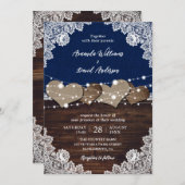 ネイビー素朴ブルーウッドバーラップレース結婚ズ 招待状 (正面/裏面)