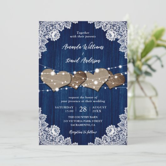 ネイビー素朴ブルーウッドバーラップレース結婚ズ 招待状 (スタンド正面)