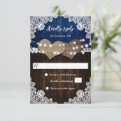ネイビー素朴ブルーウッドバーラップレース結婚式RSVP 出欠カード (スタンド正面)