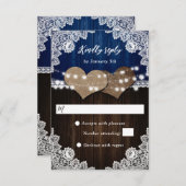 ネイビー素朴ブルーウッドバーラップレース結婚式RSVP 出欠カード (正面/裏面)