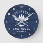 ネイビー素朴ブルーウッドファミリーレイクハウスツリーズ ラウンド壁時計 (正面)