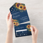 ネイビー素朴ブルーウッドボホサンフラワー結婚ズ オールインワン招待状 (貼ってはがせる)