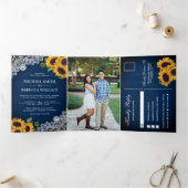 ネイビー素朴ブルーウッドレースひまわり結婚の写真 三つ折り招待状 (内部)