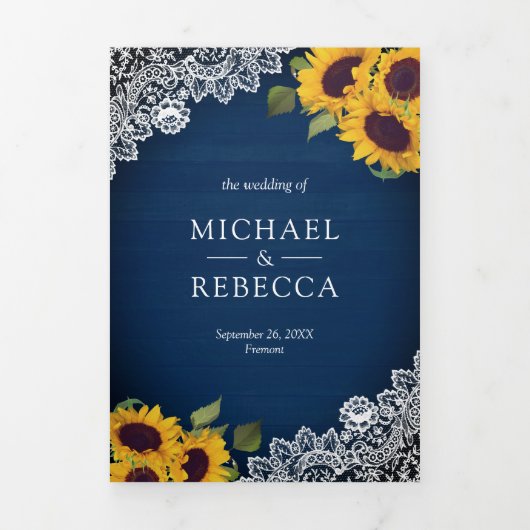 ネイビー素朴ブルーウッドレースひまわり結婚の写真 三つ折り招待状 (カバー)