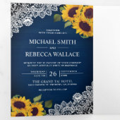 ネイビー素朴ブルーウッドレースひまわり結婚の写真 三つ折り招待状 (内部最初)