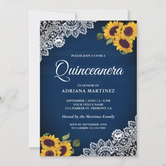 ネイビー素朴ブルーウッドレースサンフラワーキンセアニェラ 招待状 (正面)