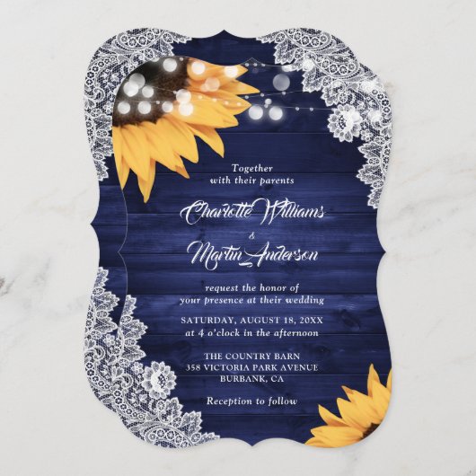 ネイビー素朴ブルーウッドレースサンフラワー結婚ズ 招待状 (正面/裏面)