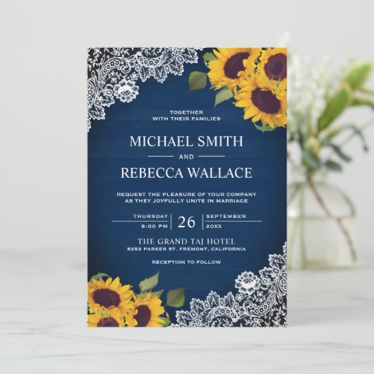 ネイビー素朴ブルーウッドレースサンフラワー結婚ズ 招待状 (スタンド正面)