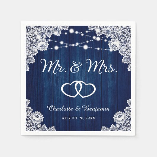 ネイビー素朴ブルーウッドレースストリングライツ結婚ズ スタンダードカクテルナプキン (正面)