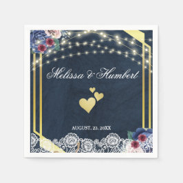 ネイビー素朴ブルーウッドレースストリングライツ結婚ズ スタンダードカクテルナプキン