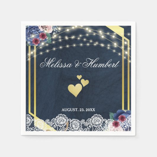 ネイビー素朴ブルーウッドレースストリングライツ結婚ズ スタンダードカクテルナプキン (正面)